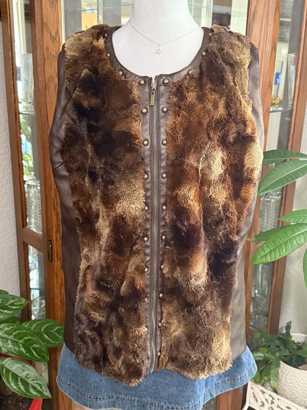 Reba Brown Faux Fur and Faux Leather Studded Zip-Up Vest